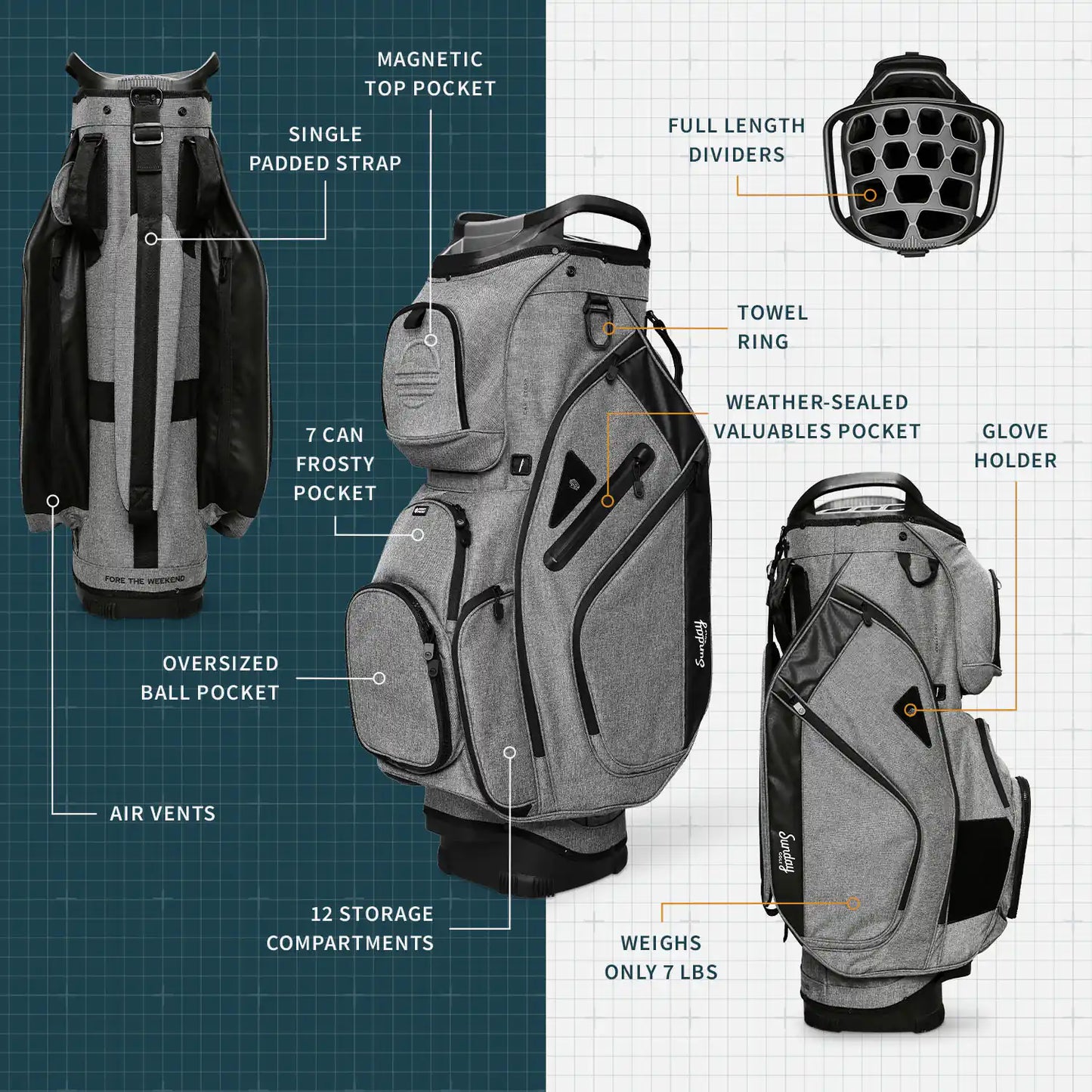 SUNDAY GOLF BIG RIG CART BAG - HEATHER GRAY